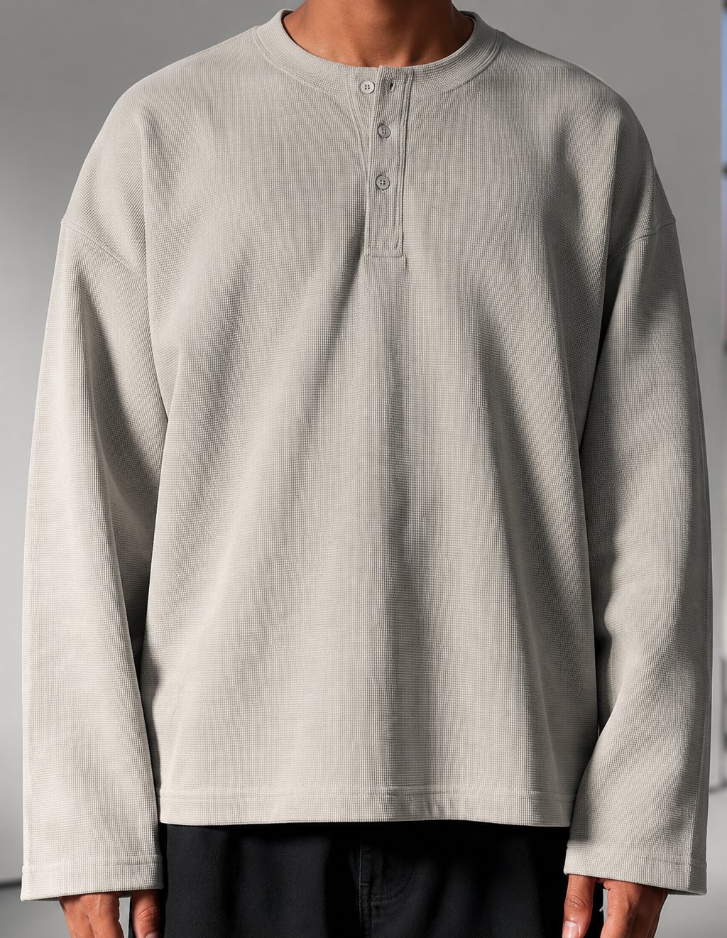 ASH GREY WAFFLE OVERSIZED HENLEY TEE